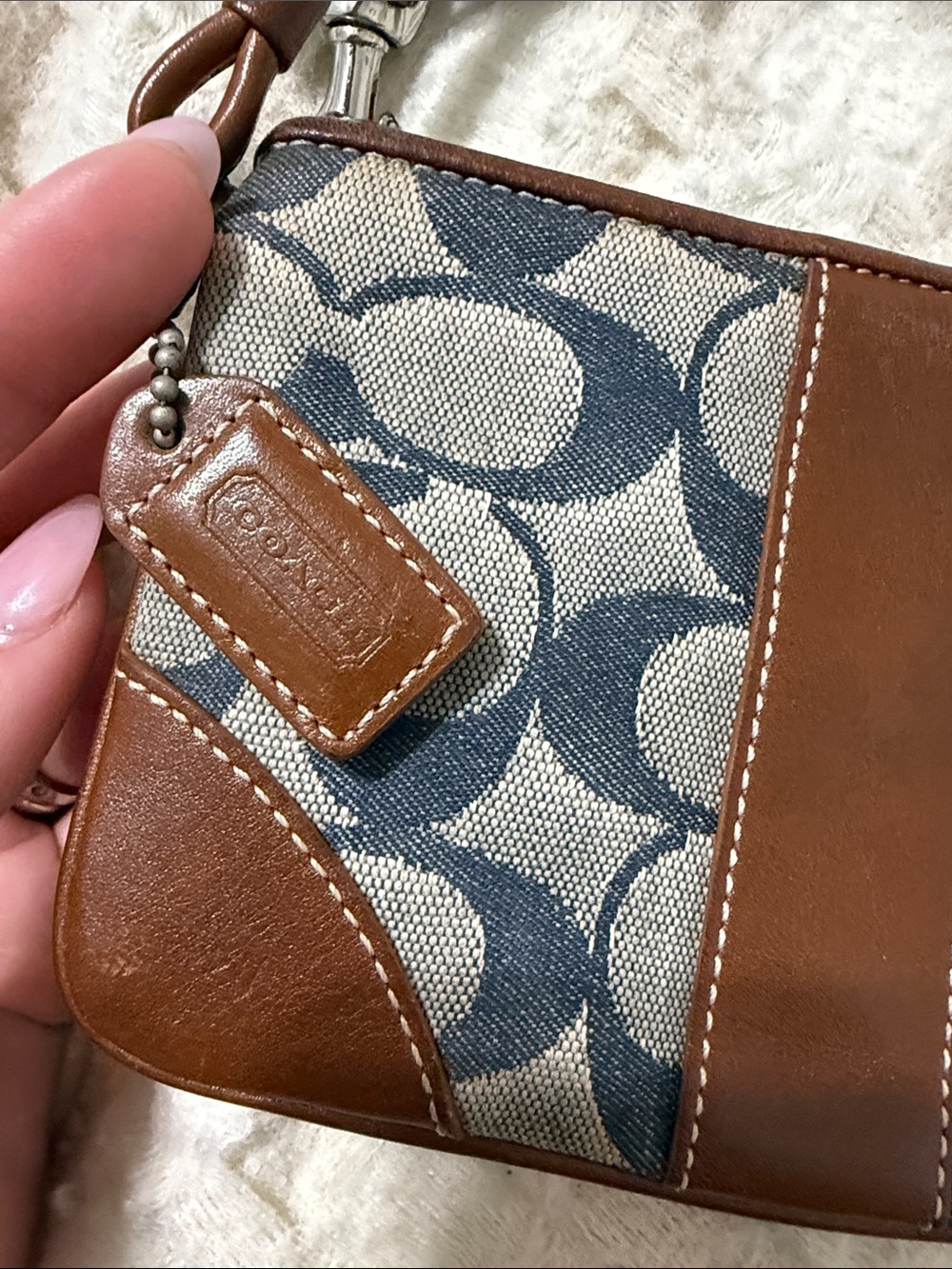 Coach Brown Leather & Navy Signature Canvas Wristlet - Picture 2 of 6